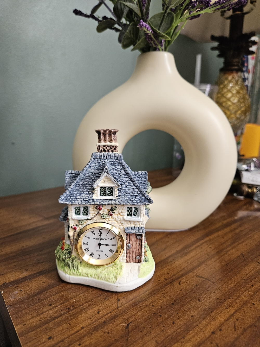 Miniature Cottage Clock Figurine - Cream & Blue Home Accent